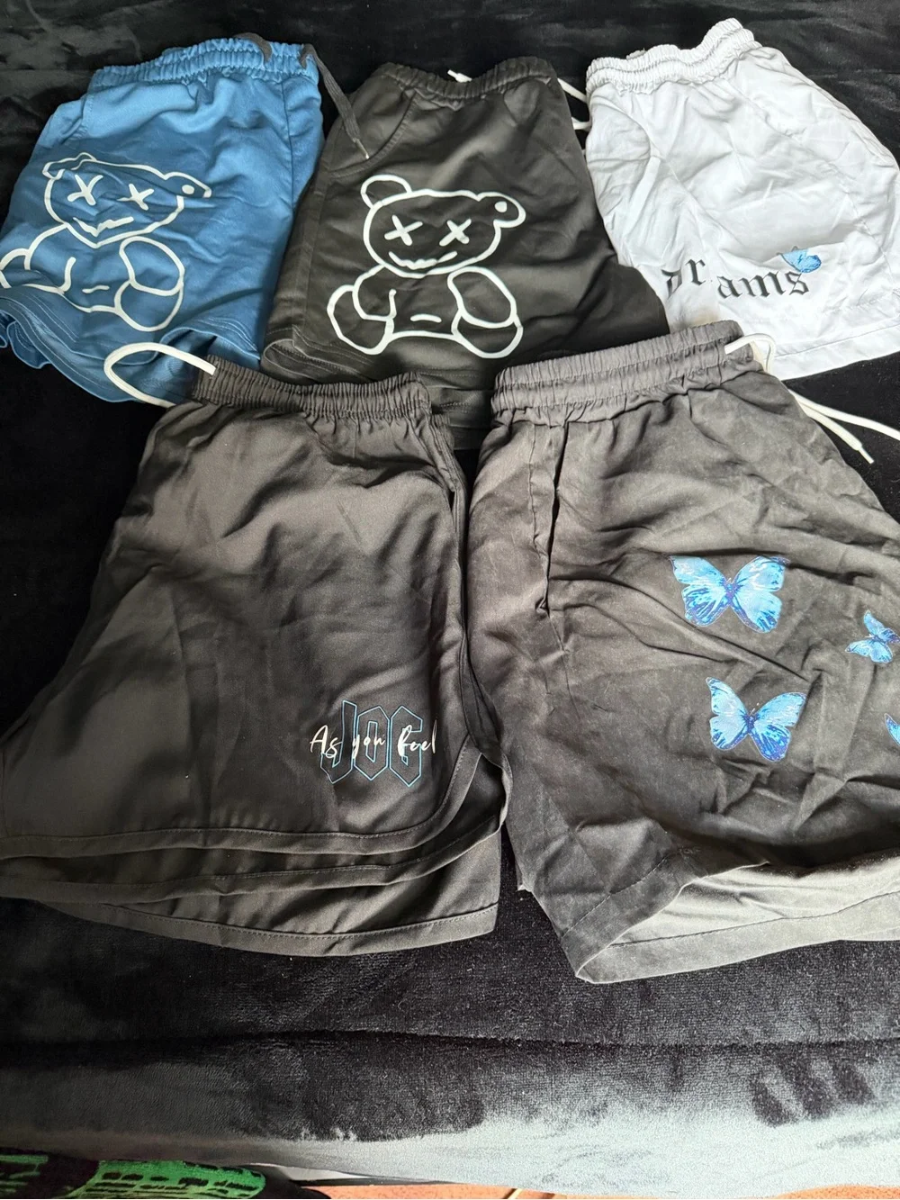 Cute Graphic Athletic Shorts bundle- Black, Blue, White